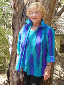 Womans Turquoise and Purple shirt in fine Australian merino wool handpainted in unique colours
