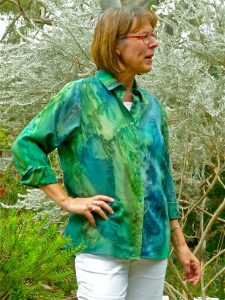Womans Forest Green shirt in fine Australian merino wool handpainted in unique colours