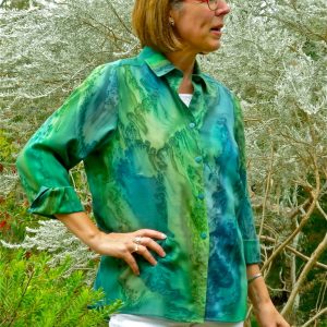 Womans Forest Green shirt in fine Australian merino wool handpainted in unique colours