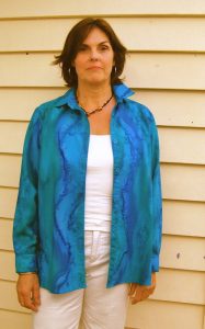 Womans Turquoise Blue Sea shirt in fine Australian merino wool handpainted in unique colours